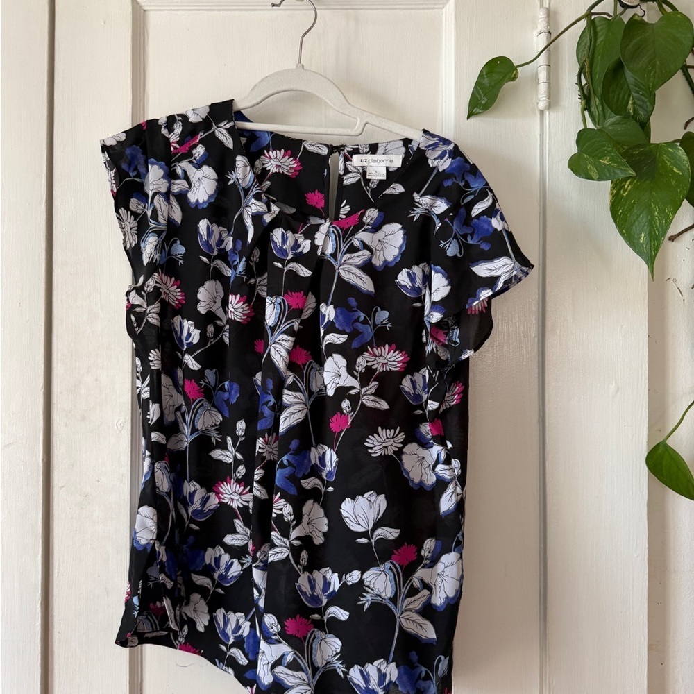 Liz Claiborne Black Blouse with Blue and Pink Floral Design